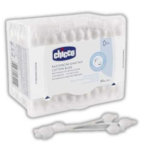 Chicco Cotton Buds with Eardrum Protection, 60 Pieces | For Baby Ear Cleaning | Made Of Paper Stem | Safe and Hygienic | Biodegredable