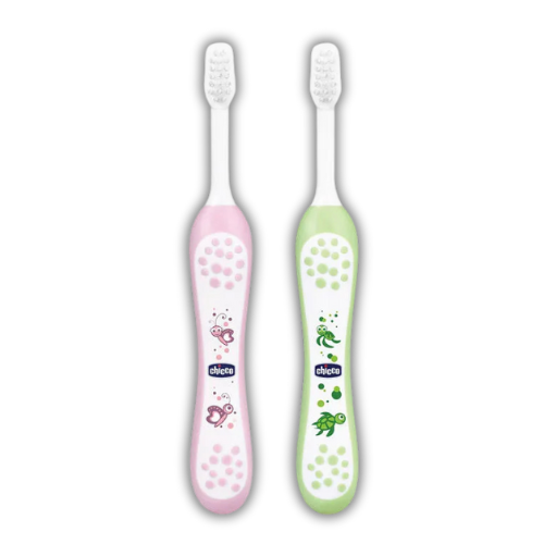 Chicco Baby Toothbrush for Infants (6m-36m), Set of 2 | Extra Soft Tapered Bristles ideal for Milk Teeth | BPA Free (Pink, Green)