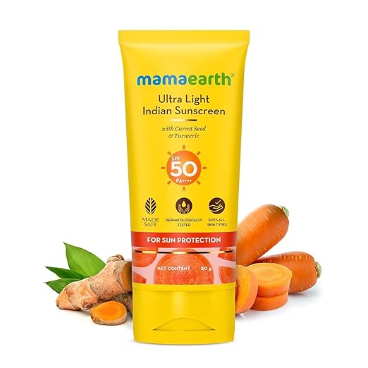 Mamaearth Ultra Light Indian Sunscreen with Carrot Seed & Turmeric|SPF 50 PA ++++|UVA & UVB Protection|No White Cast|Non-Greasy & Quick Absorbing|Super Lightweight|Suits All Skin Types|80 g